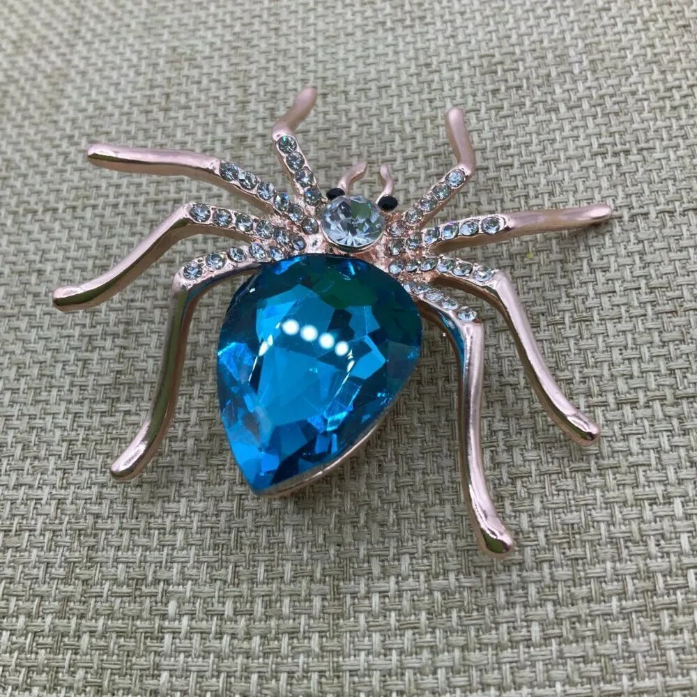 Spider Blue Gold Tone Rhinestone Brooch Pin